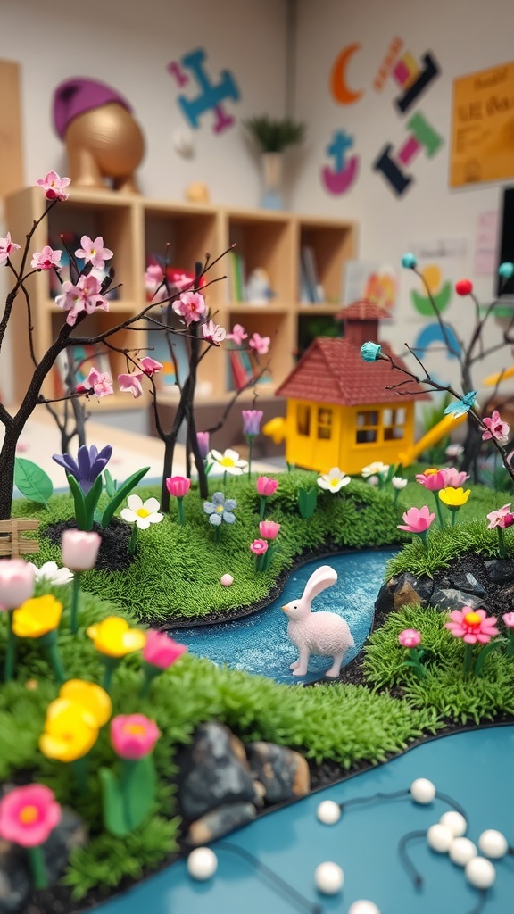 A colorful diorama featuring a stream, flowers, a bunny, and a yellow house, representing a spring scene.