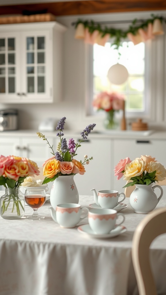 A lovely kitchen table set up for a spring tea party with fresh flowers, tea cups, and a teapot.