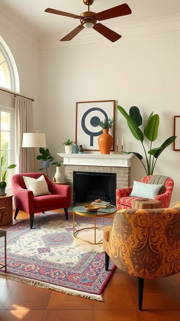 A colorful boho living room featuring vibrant accent chairs, a decorative rug, and plants.