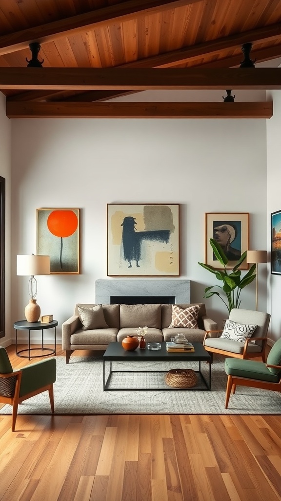 A stylish midcentury modern living room featuring statement art pieces on the walls and comfortable furniture.