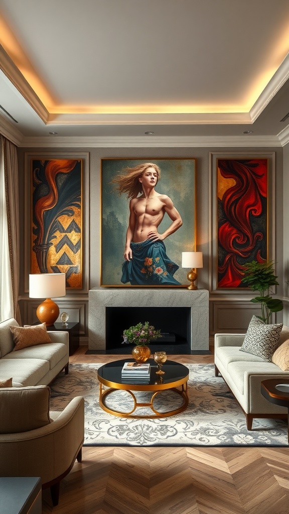 A luxurious living room featuring statement artwork, with a bold painting of a woman and colorful flanking artworks.