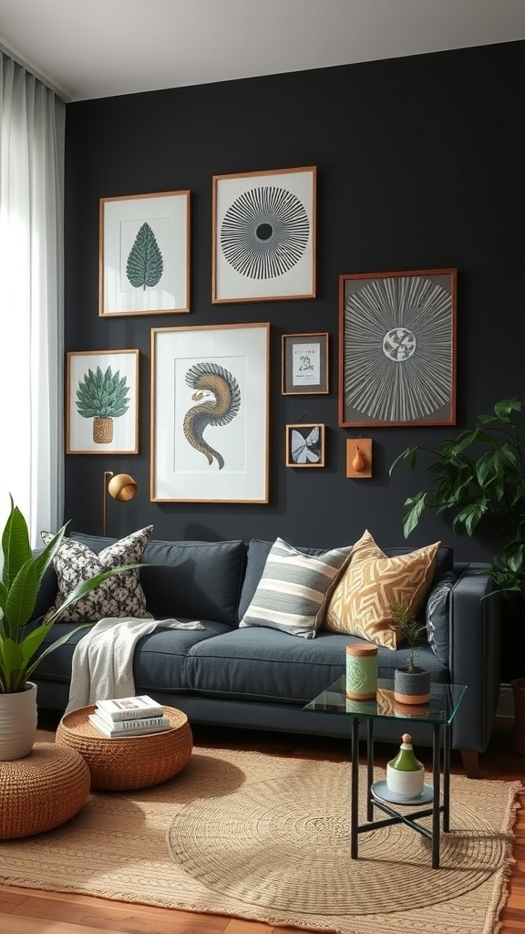 A cozy living room featuring a black accent wall adorned with framed botanical and geometric art, a stylish sofa with patterned cushions, and natural decor elements.