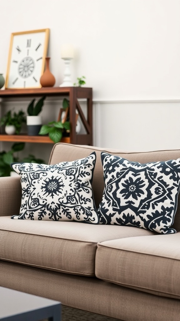 Stylish black and white patterned pillows on a beige couch in a living room setting.