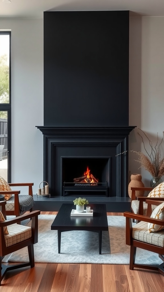 A living room featuring a black fireplace, wooden chairs, and a small coffee table.