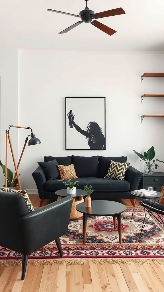 A black and white boho living room featuring black furniture, a colorful rug, and decorative accents.