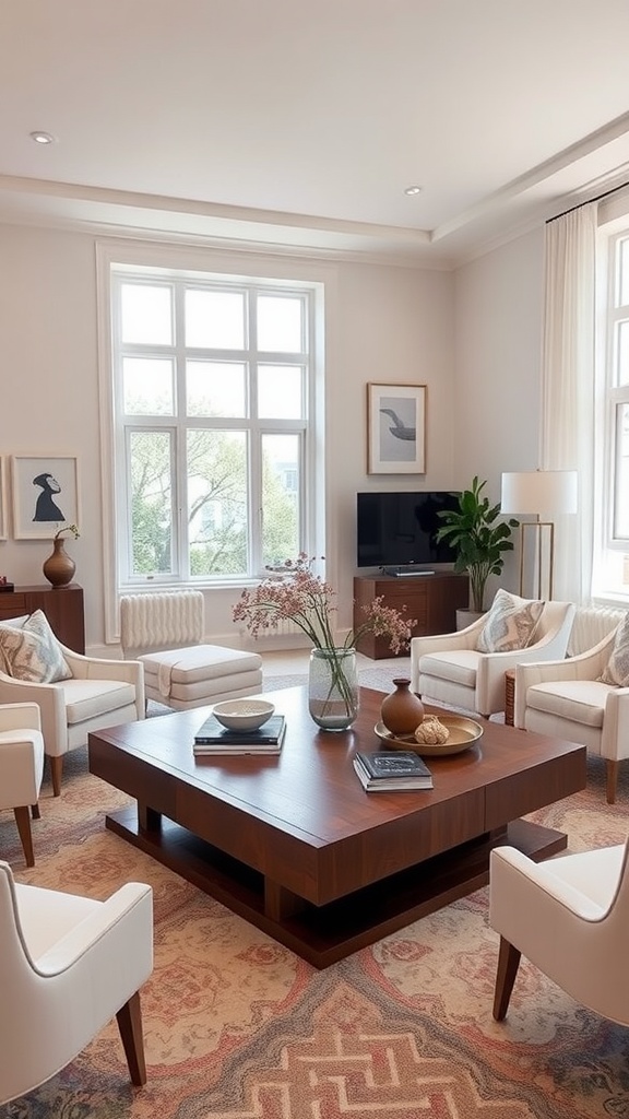 A modern living room with a brown coffee table and white chairs.