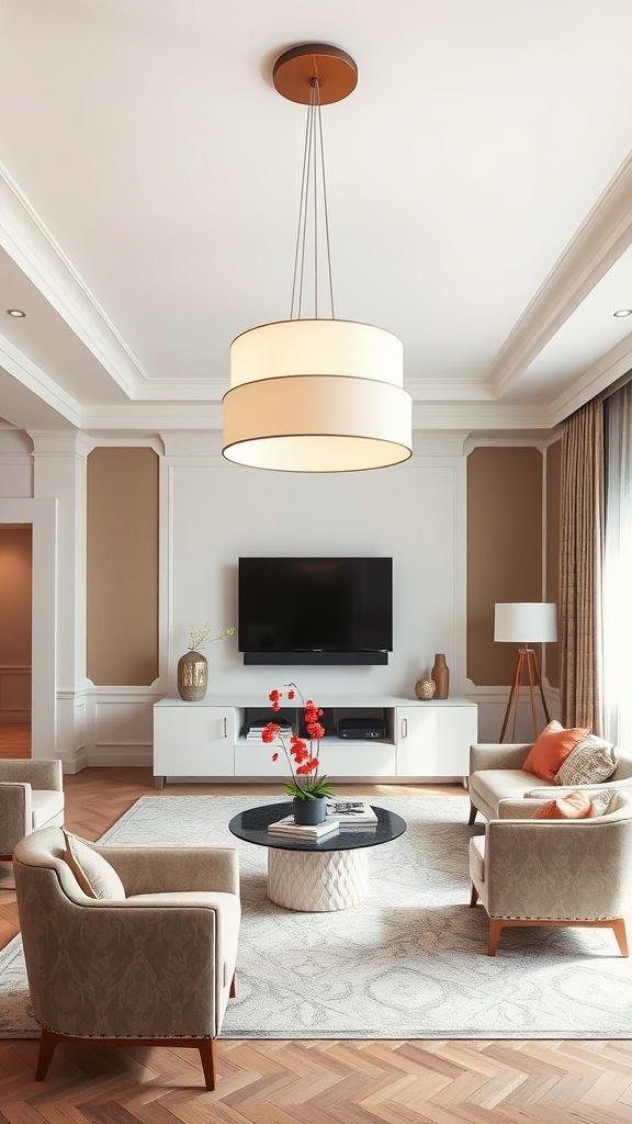 A modern living room with a stylish ceiling pendant light, showcasing a cozy and inviting atmosphere.