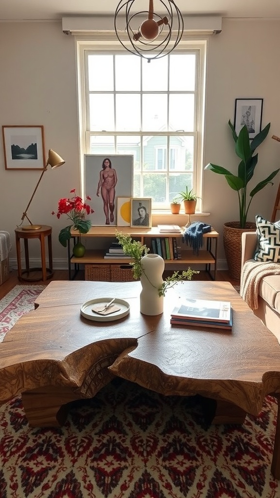 A cozy living room featuring a unique wooden coffee table, plants, and artwork.