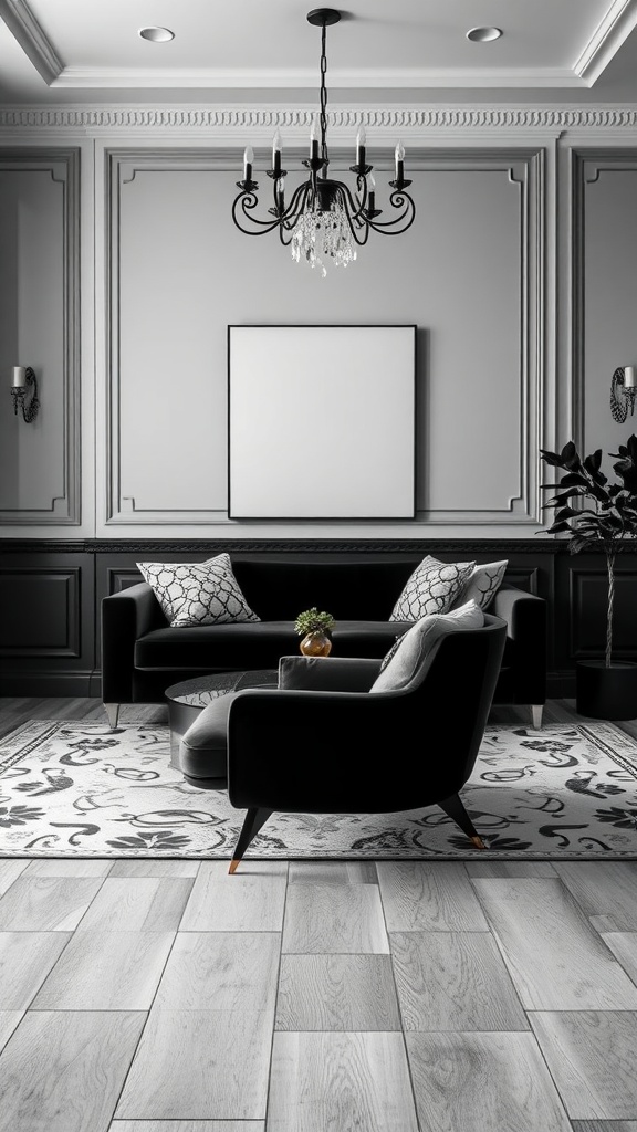 Elegant black and cream living room featuring statement furniture, a chandelier, and a patterned rug