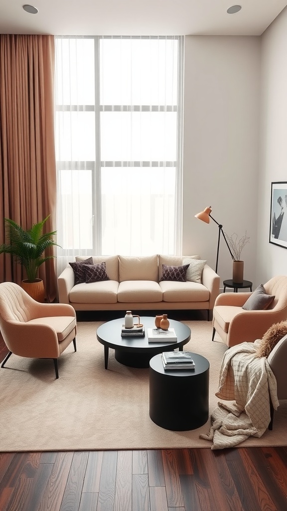 A cozy living room featuring a beige sofa, matching armchairs, a round coffee table, and a potted plant, all illuminated by natural light.