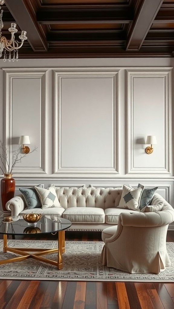 A formal living room featuring a tufted sofa, glass coffee table, and rich wooden flooring.