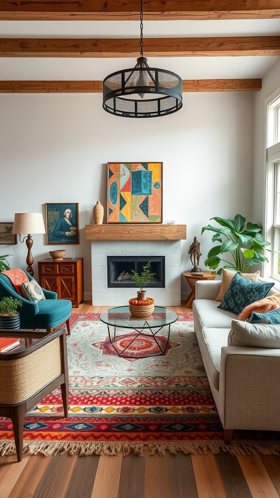 A Boho-style living room featuring a teal armchair, a glass coffee table, colorful artworks, and a vibrant rug.