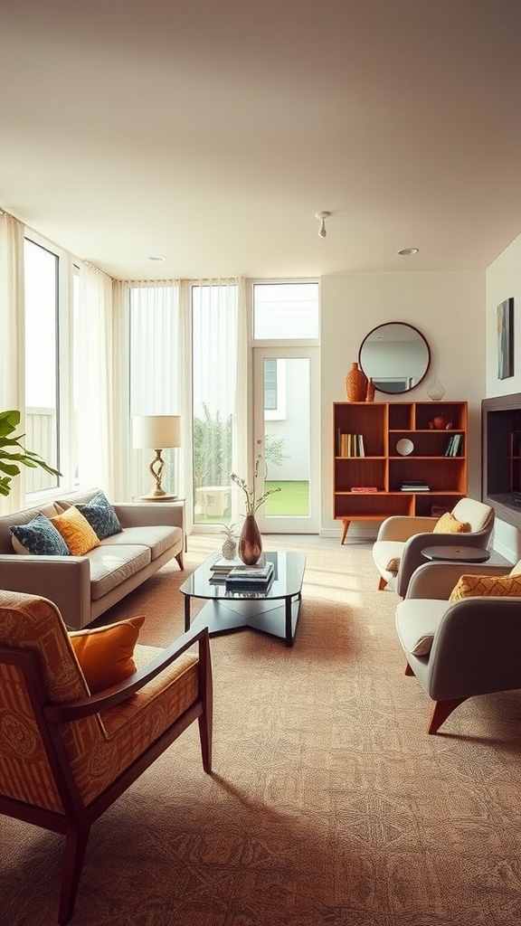 A stylish 1960s-inspired sunken living room featuring a cozy sofa, patterned chairs, and a glass coffee table.