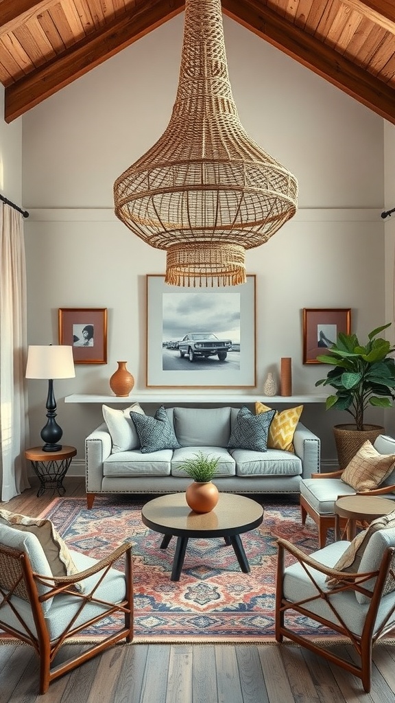 A boho-style living room featuring a large woven light fixture, wooden beams, and cozy furnishings.