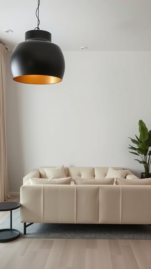 A stylish cream couch with a modern black pendant light above it