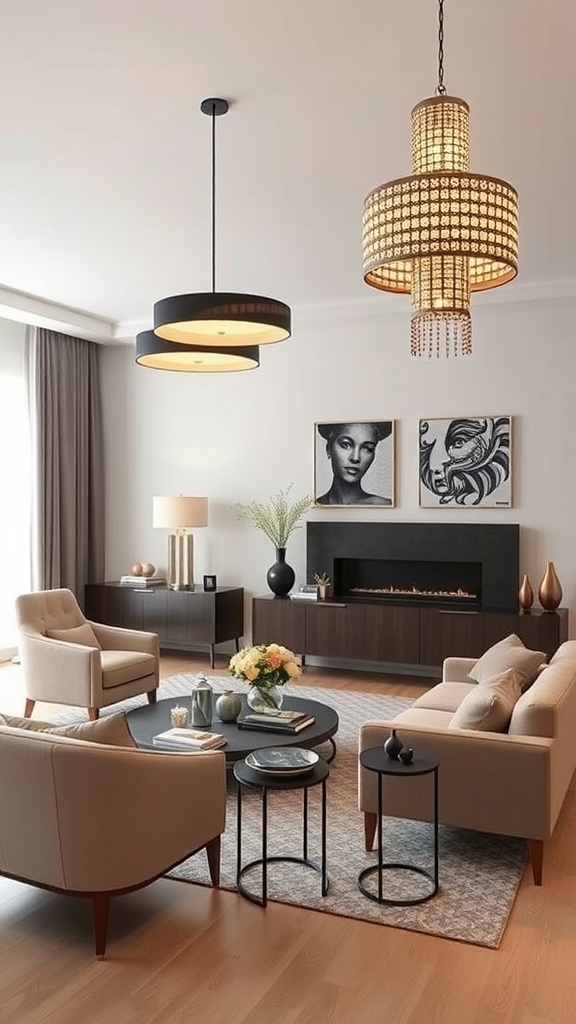 A modern living room featuring statement lighting fixtures, including a black pendant light and a stylish chandelier.