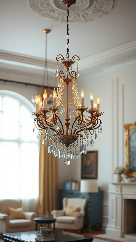 A beautiful chandelier with crystal details hanging from the ceiling in a formal living room.