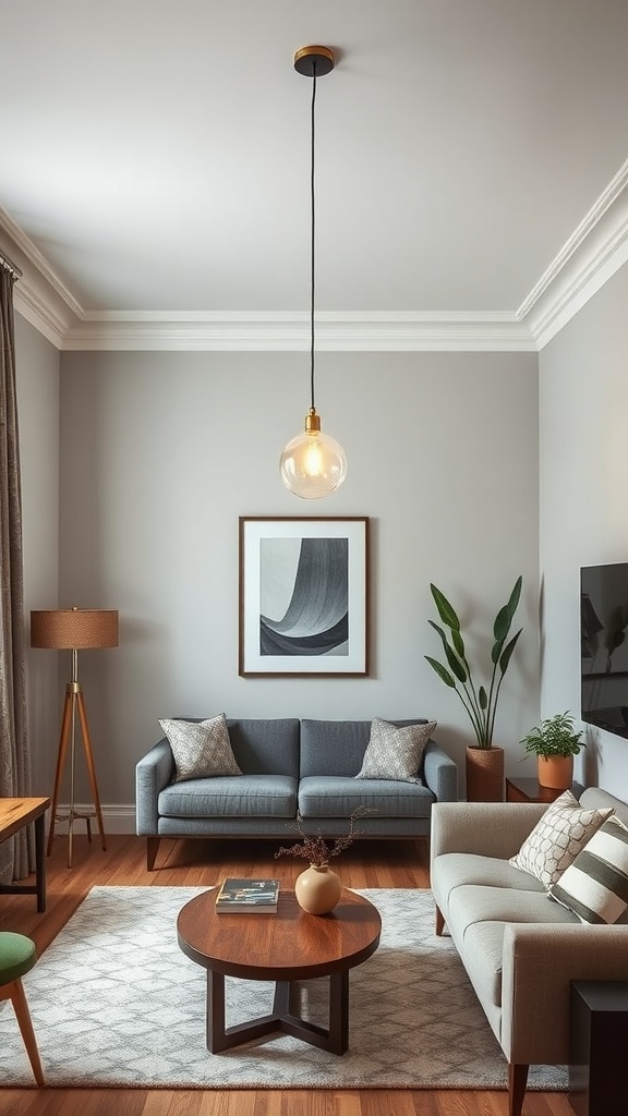 A small living room featuring a stylish hanging light fixture, sleek furniture, plants, and warm wooden accents.