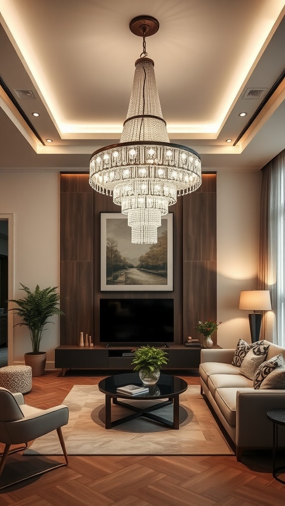 A modern boho living room featuring a large chandelier and stylish furniture.