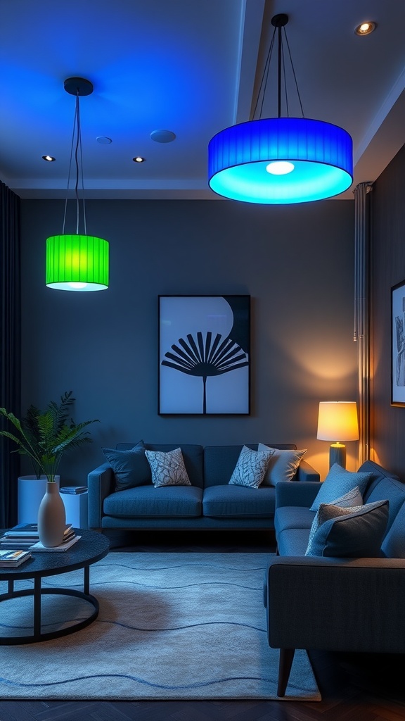 A blue and green living room featuring statement lighting fixtures