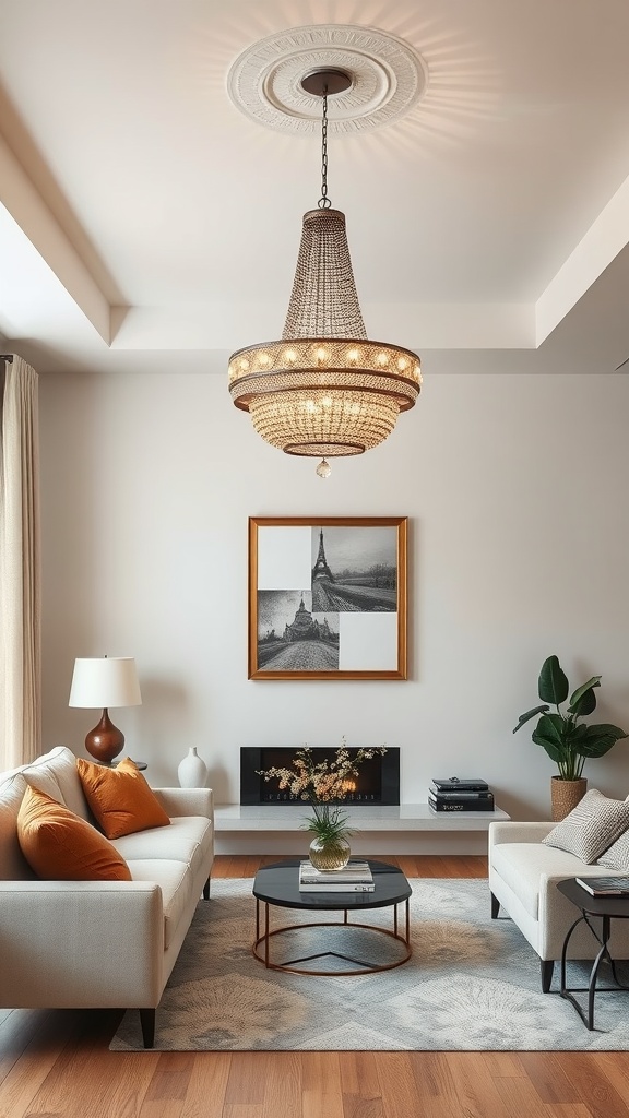 A stylish living room featuring a chandelier as a statement lighting fixture.