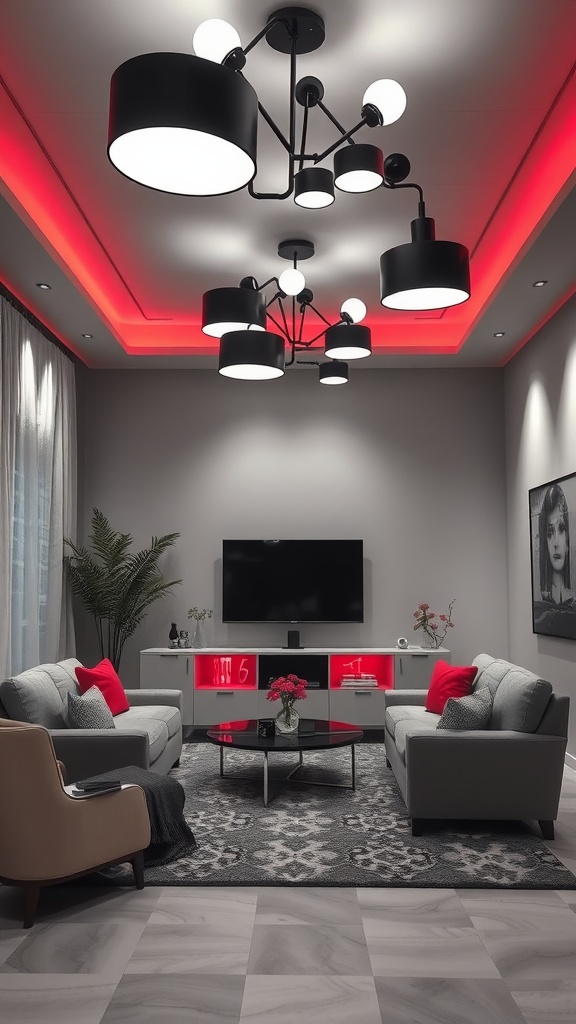 Modern living room featuring a stylish chandelier with black and white shades and red accent lighting.