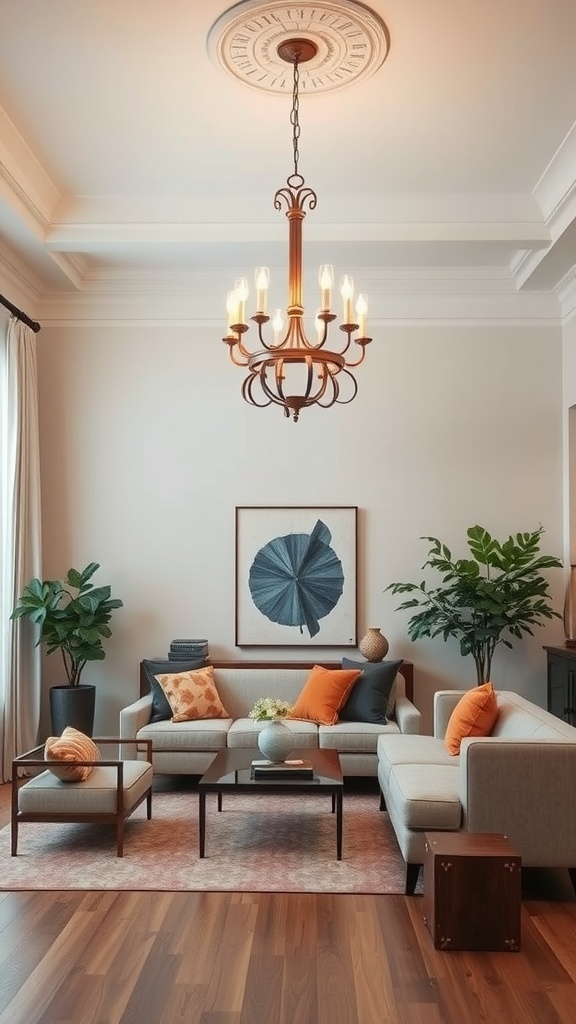 A stylish living room featuring a chandelier, comfortable seating, and decorative elements.