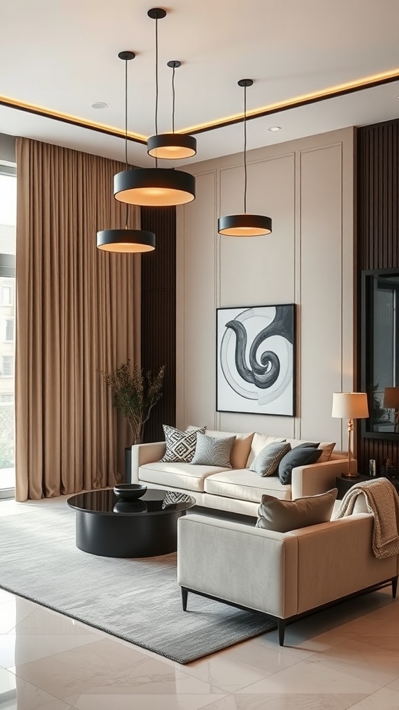 A stylish living room featuring beige and black decor with statement lighting fixtures.