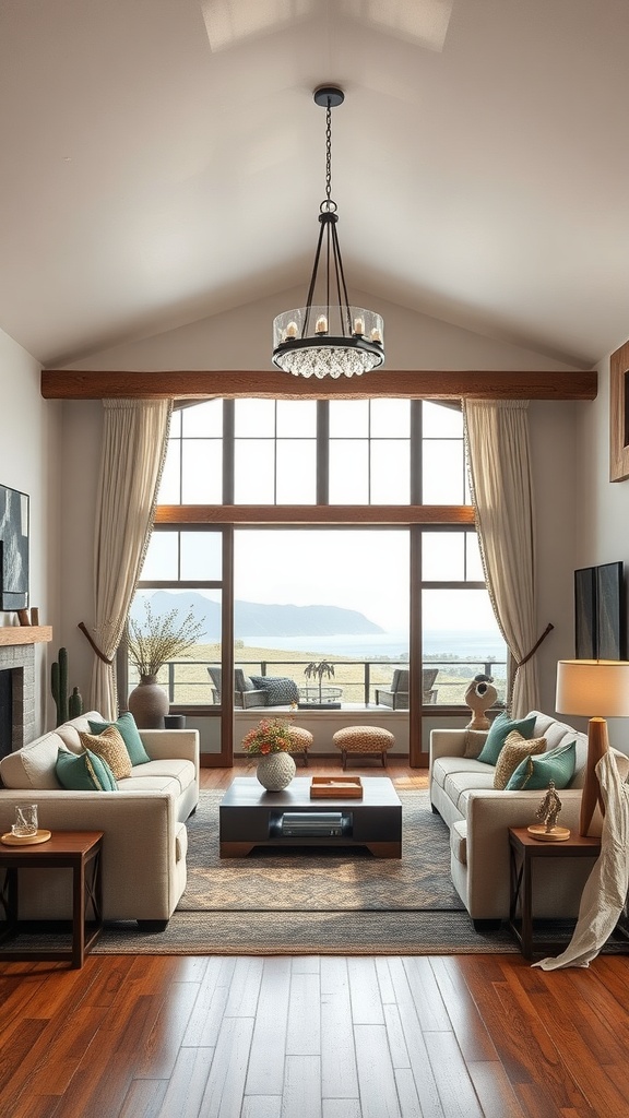 A modern rustic living room featuring a chandelier, large windows, and comfortable seating.