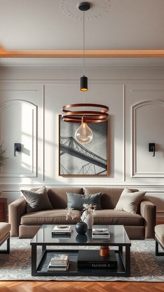 A modern living room featuring a statement pendant light with layered rings and a warm glow.