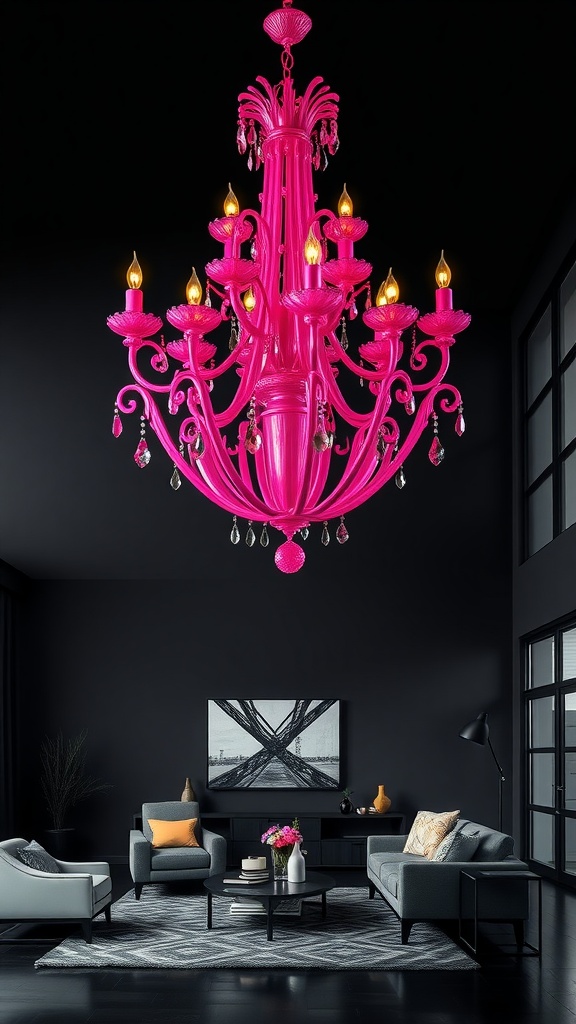 A bright pink chandelier hangs in a modern black living room, illuminating the space.