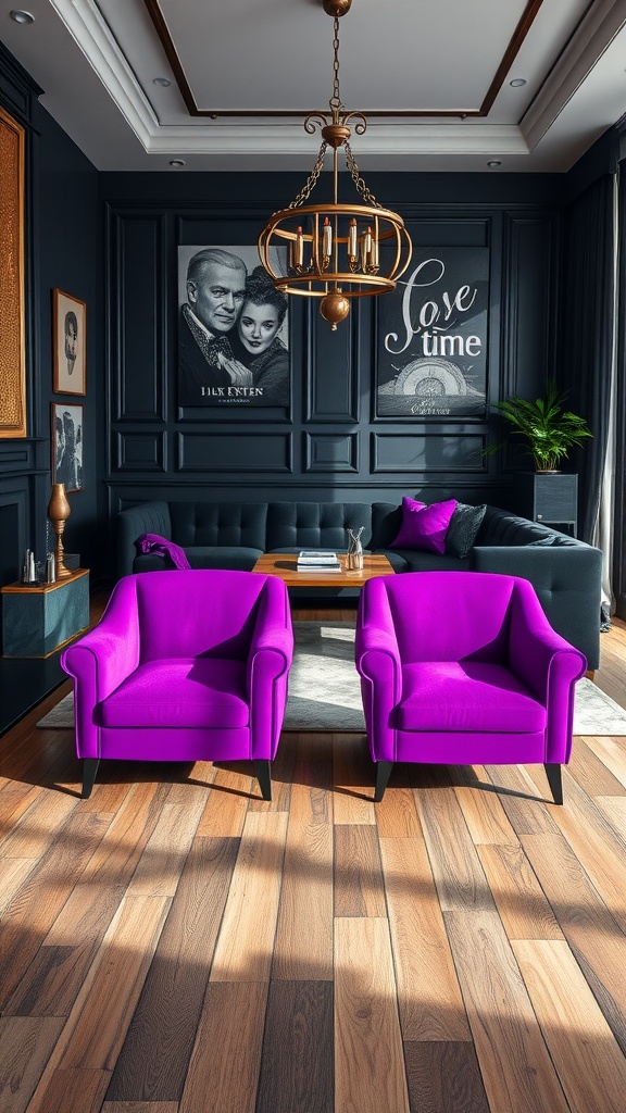 A living room featuring two vibrant purple armchairs, a dark wall with framed photos, and a stylish chandelier.