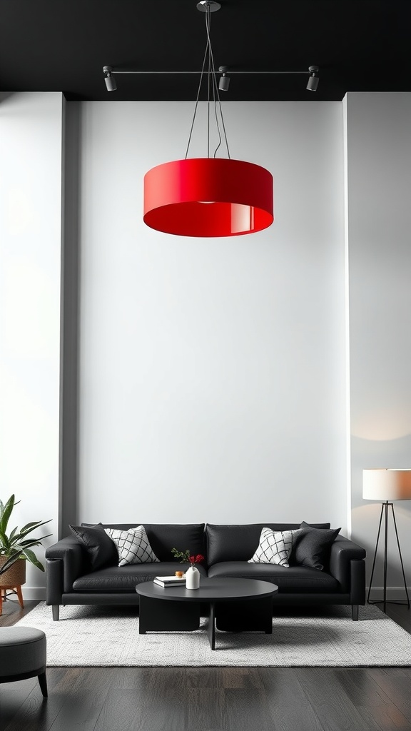 A modern living room featuring a red pendant light, black sofa, and minimalist decor.