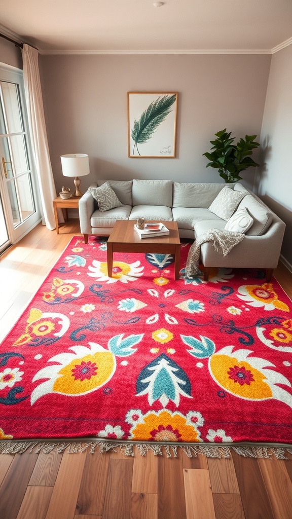 A cozy living room featuring a colorful floral rug, a gray sectional sofa, and natural light.