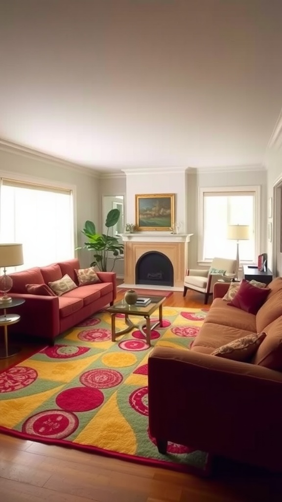 Colorful statement rug in a sunken living room with comfortable sofas and a fireplace.