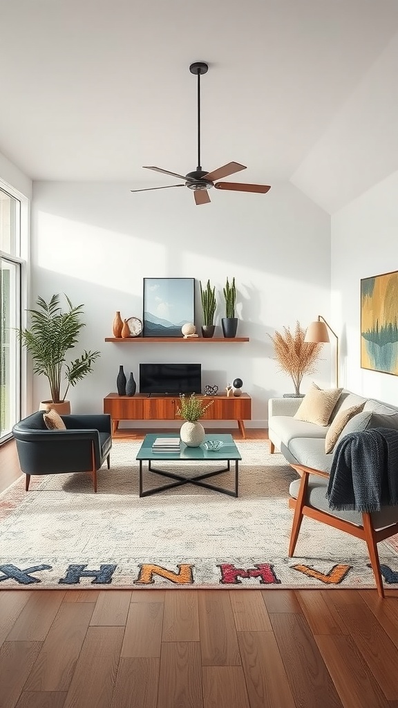 Midcentury modern living room featuring a colorful statement rug with letters and stylish furniture.