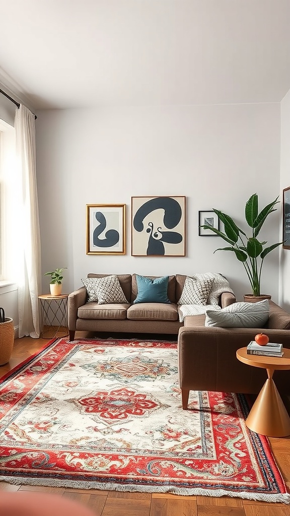 Cozy living room featuring a colorful statement rug, brown couch, and artistic wall decor