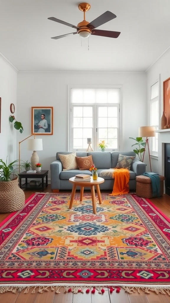 A modern boho living room featuring a colorful patterned rug, a couch, coffee table, and plants.