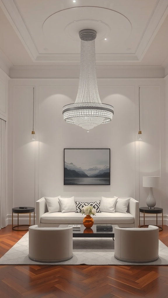 Elegant living room featuring a sparkling chandelier and silver light fixtures