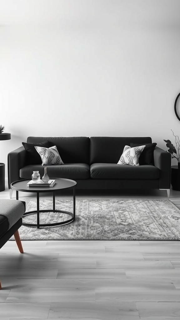 A stylish black sofa with decorative pillows in a modern living room setting