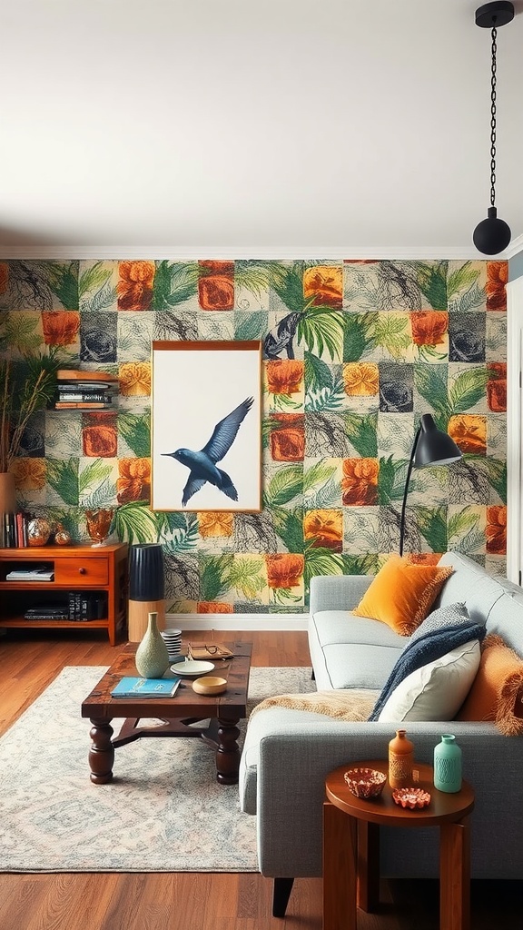 A living room featuring a vibrant wallpaper with floral and leafy patterns, a gray sofa, and a wooden coffee table.