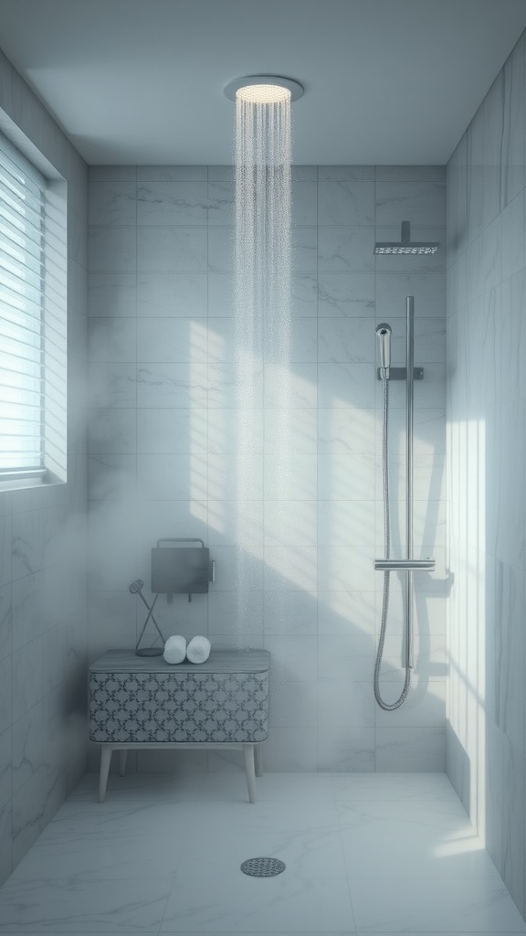 A modern steam shower with a rain showerhead, soft lighting, and a small bench for comfort.