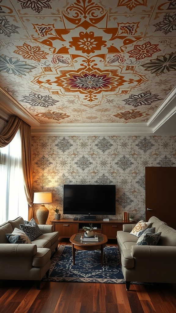 Living room with a beautifully stenciled ceiling featuring floral patterns in warm colors.