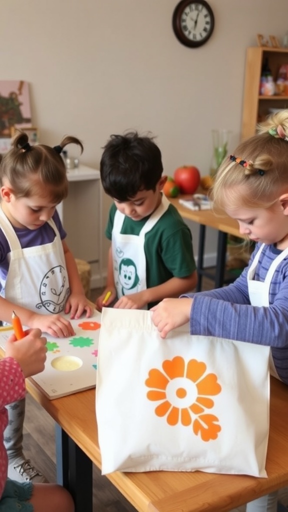 Children making stenciled tote bags at a table