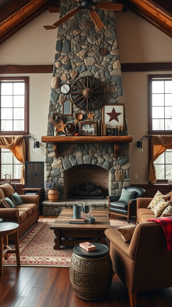 A cozy western ranch-style living room featuring a large stone fireplace, wooden mantel, and comfortable seating arrangements.