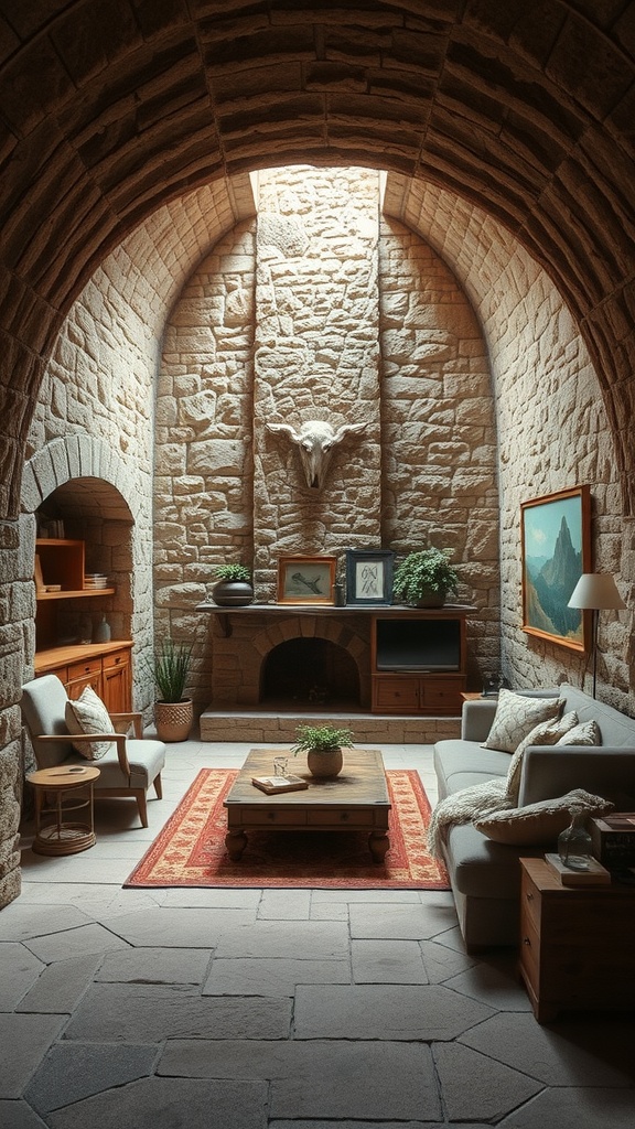 Rustic sunken living room with stone walls and cozy furnishings