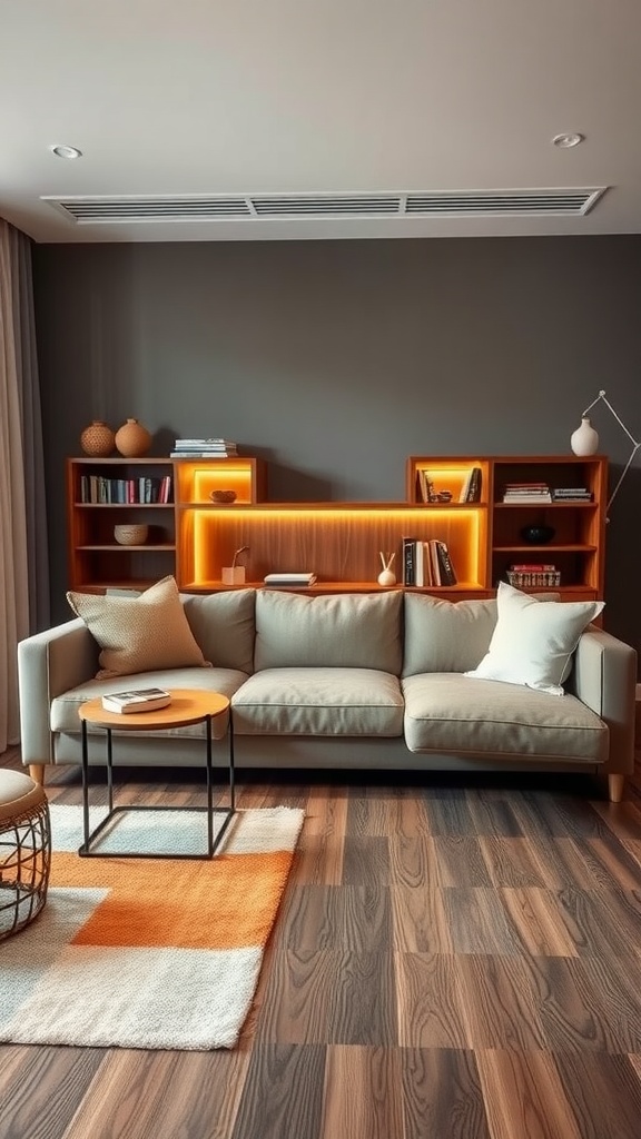 A modern living room with a storage-integrated sofa, a coffee table, and a cozy rug.