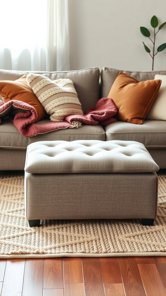 Cozy living room featuring a tufted storage ottoman and a sofa with colorful pillows.