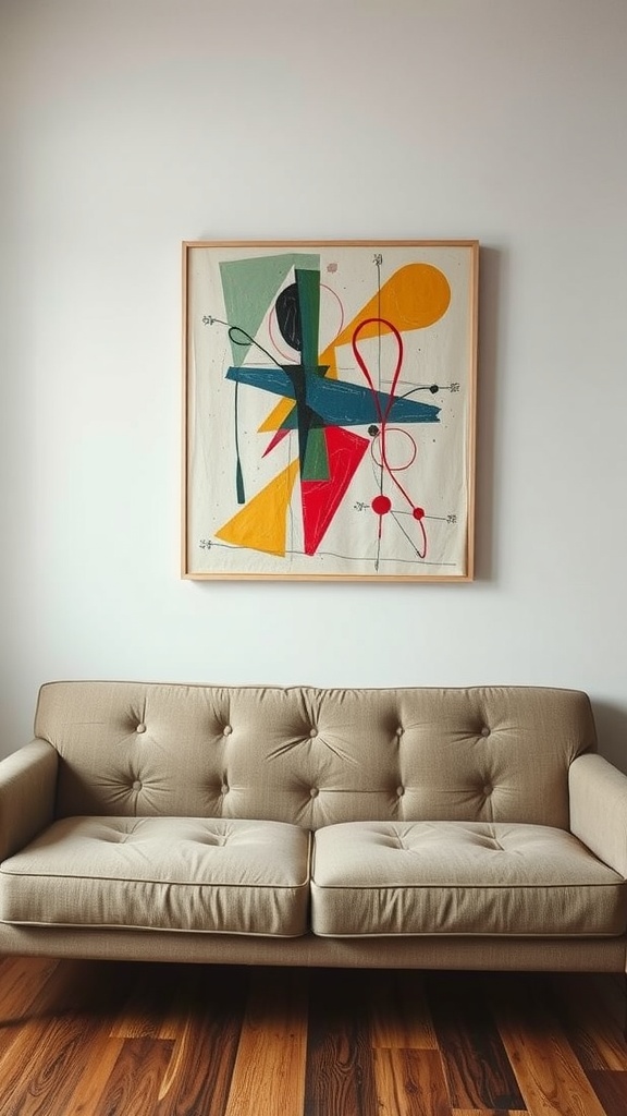 A beige sofa with tufted cushions in front of an abstract art piece featuring colorful shapes and lines.