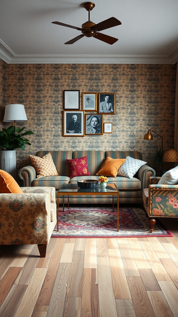 A living room with striped and floral furniture, vibrant cushions, and patterned wallpaper.